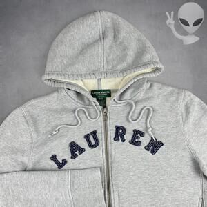 Lauren Ralph Lauren Petite Small Grey Zip-Up Hoodie spellout vintage y2k preppy